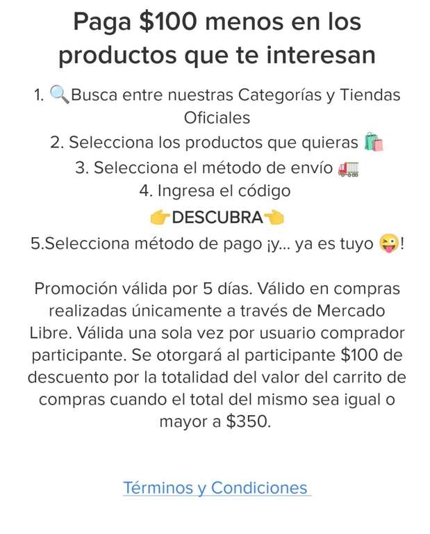 Descuento de $100 pesos en Mercado Libre con el código "DESCUBRA" | usuarios seleccionados (compra mín $350)