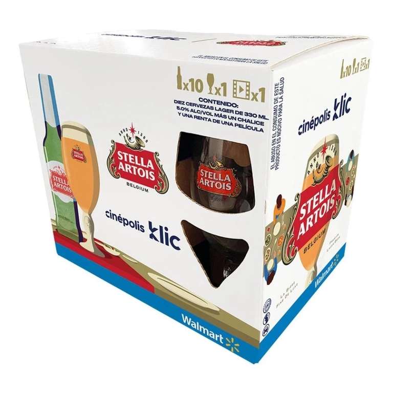 Walmart Super: Cerveza lager Stella Artois 10 botellas de 330 ml c/u + 1 copa + Renta Pelicula en Cinepolis klic