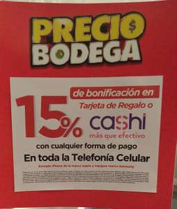 Bonificación (tarjeta de regalo o cashi) de 15% Telefonía Bodega Aurrera (seleccionadas) | Bonificación máx $3000 | A partir de $1990