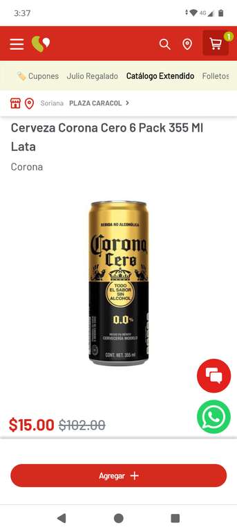 Soriana CP 48333 cerveza Corona Cero 6 Pack 355 Ml Lata