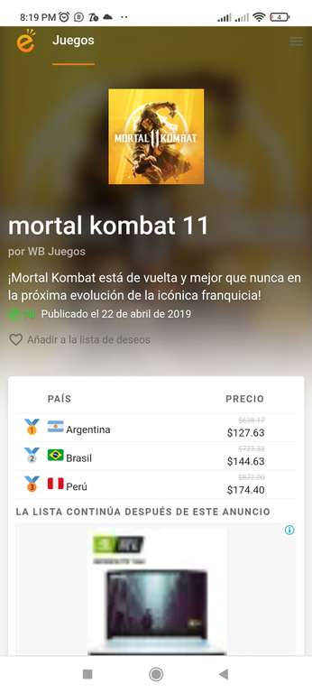 Nintendo eshop Argentina: Mortal Kombat 11 Nintendo Switch Digital