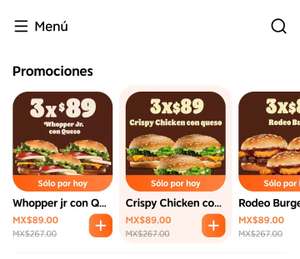 Burger King DidiFood: 3 hamburguesas (Whooper Jr., Crispy chicken o Rodeo Burger) a solo $89, compatible con cupón de DIDIYUNO