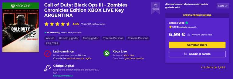 ENEBA: Call of Duty: Black Ops III - Zombies Chronicles Edition XBOX LIVE Key ARGENTINA