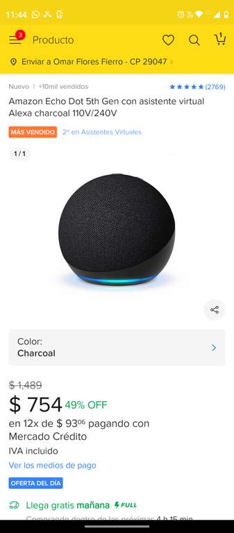 Mercado Libre: Amazon Echo Dot 5th Gen con asistente virtual Alexa charcoal
