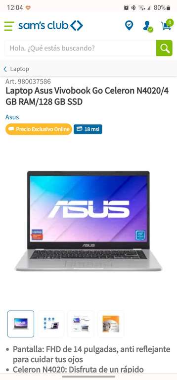 Sam's Club Laptop Asus VivoBook Cel, 4gb, 128Ssd