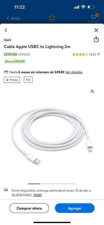 Walmart: Cable Apple USBC to Lightning 2m