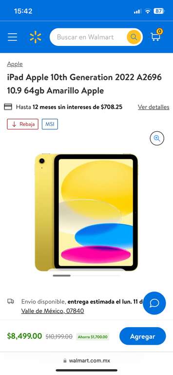 Walmart: iPad Apple 10th Generation 2022 A2696 10.9 64gb Amarillo Apple