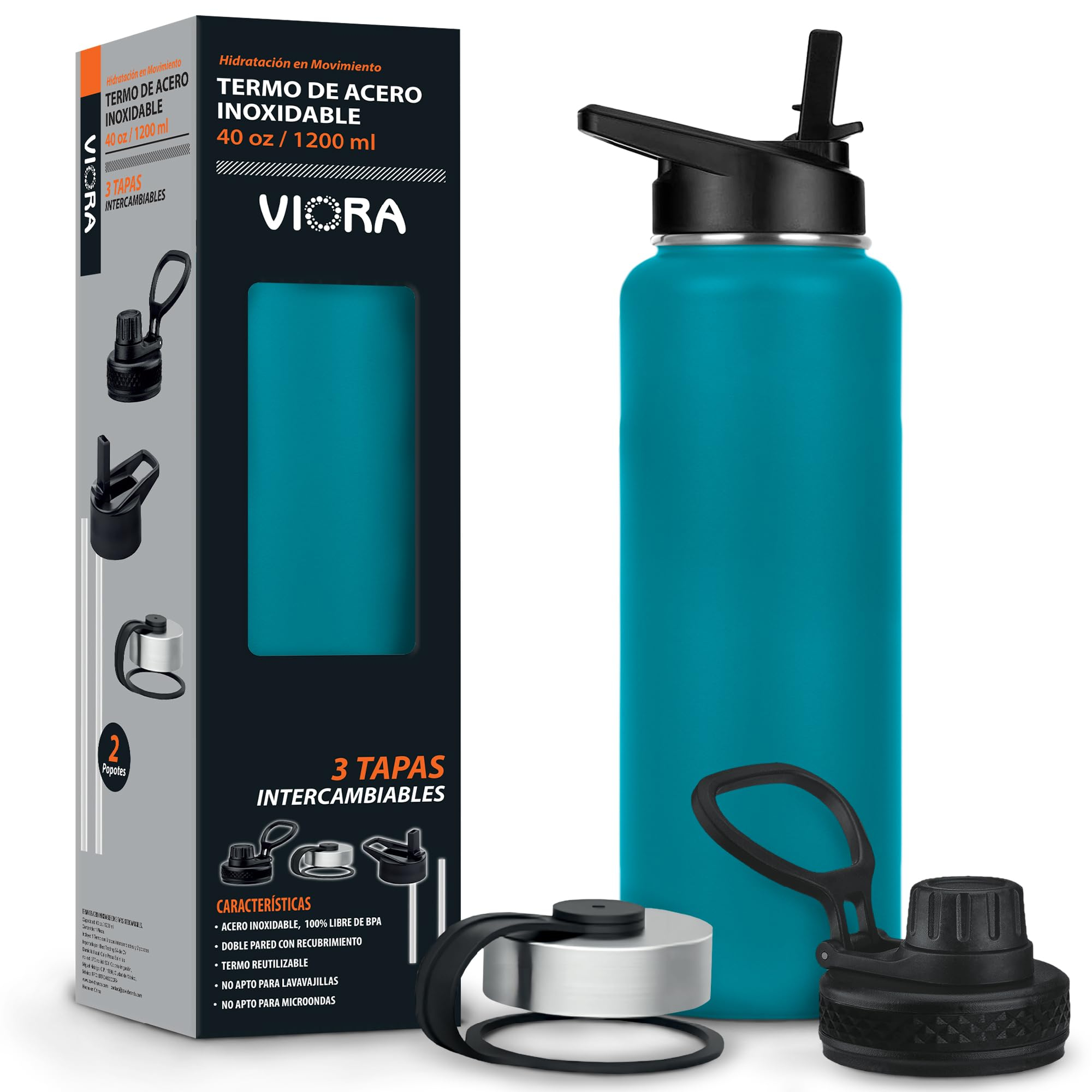 Amazon: VIORA Termo de Acero Inoxidable para Agua y Café 1200 ml (40 oz): Contiene 3 Tapas para Diferentes tipos de Bebidas