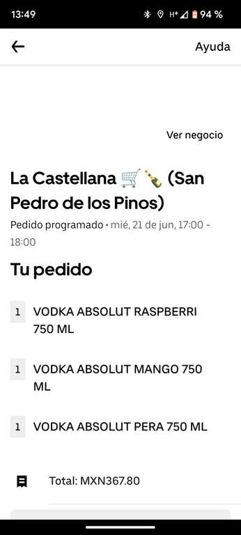 Uber Eats - La castellana - Tres botellas de absolut por $367