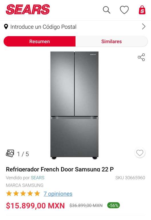 Refrigerador French door Samsung 22p SEARS con PayPal y HSBC