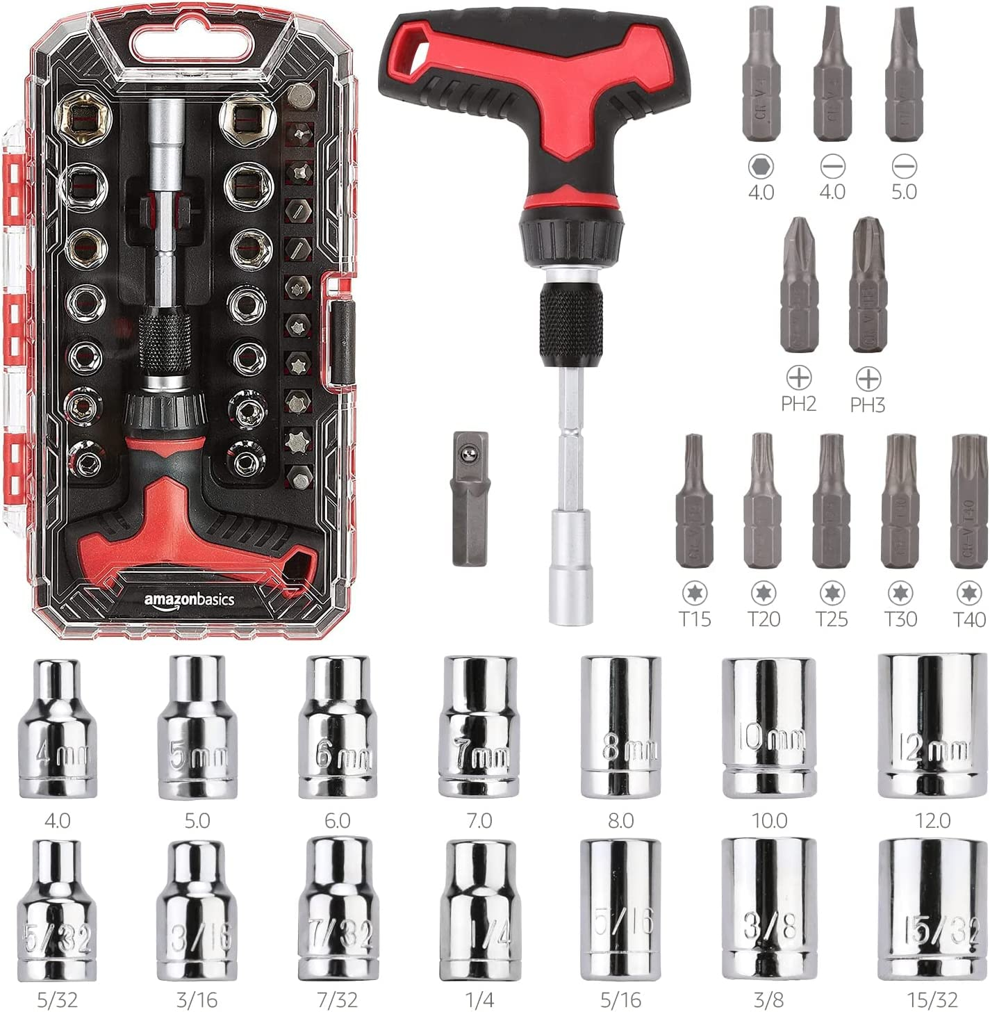 Amazon Basics Juego de Destornillador de Trinquete y Tubos de 27 Piezas, Mango en T con Portabrocas Magnético
