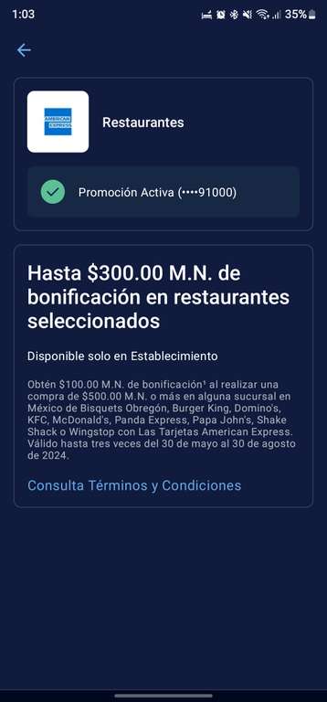 American Express: $100 de bonificación al gastar $500 en Restaurantes (leer TyC) hasta 3 veces