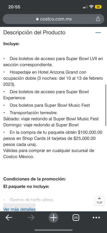 Últimos 2 100 mil pesos en gift card para Costco en la compra de Paquete NFL Super Bowl LVII para 2 personas