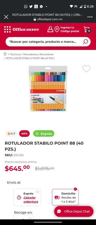 Office Depot: ROTULADOR STABILO POINT 88 (40 PZS.)