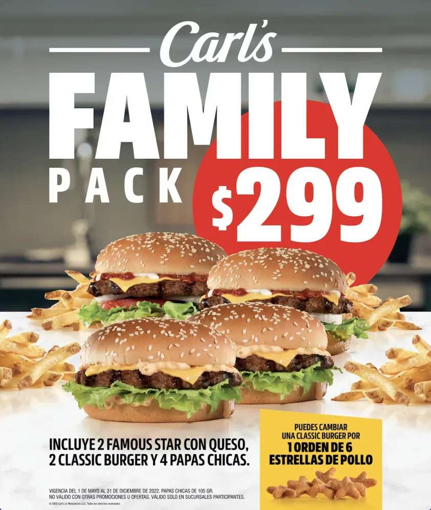 Carl’s Jr Family Pack 2022 299 4 Hamburguesas y 4 papas