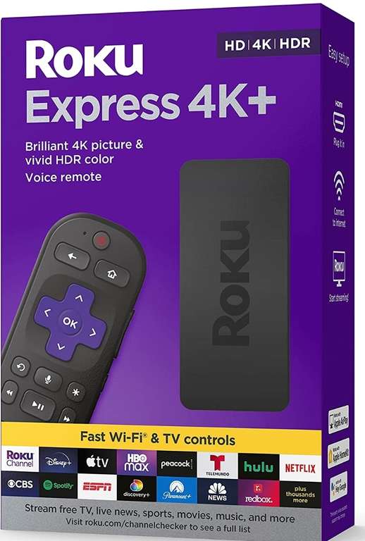 Amazon: ROKU Express 4K+ | HD/4K/HDR transmisión inalámbrica Suave y Control Remoto de Voz con Controles de TV, Incluye Cable HDMI Premium