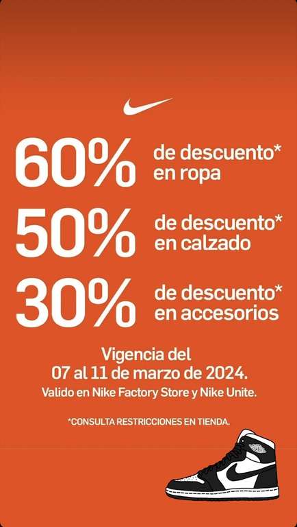 Nike: 60% OFF en ropa, 50% en calzado y 30% en accesorios desde una pieza