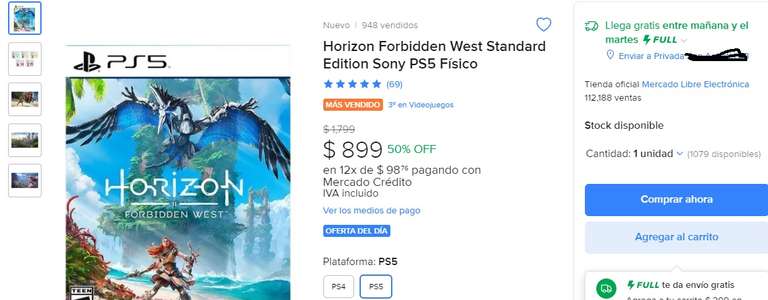 Mercado libre, Horizon Forbidden West Standard Edition Sony PS5 Físico $778 PS5 con Mercado Credito