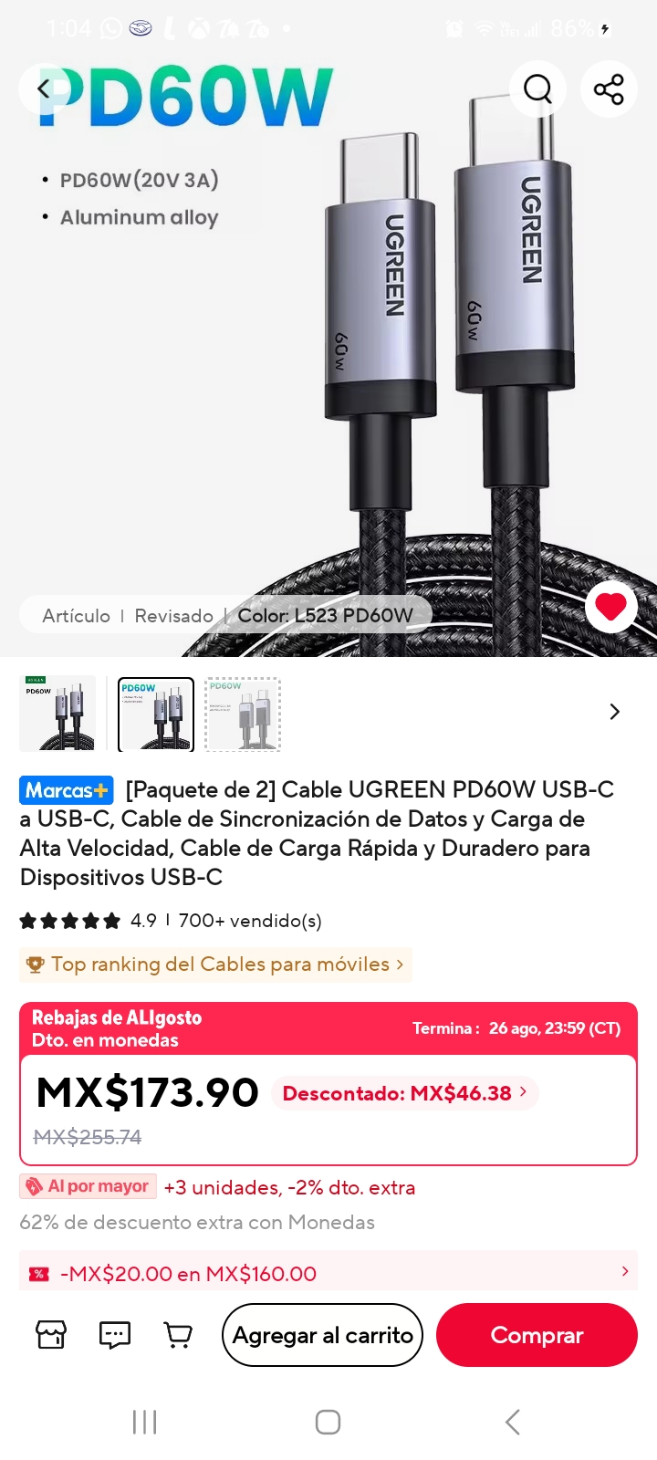 AliExpress: Ugreen | PD60W USB C a USB C (2 cables de 2 metros) | 60W Carga de alta velocidad y cable de sincronizacion de datos