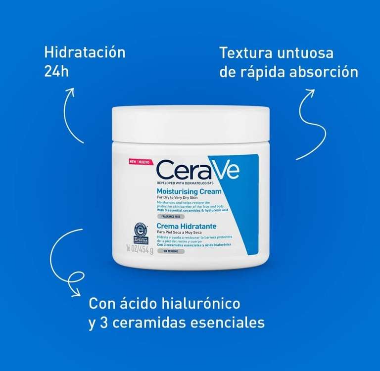 Amazon: CeraVe Crema Hidratante |454gr| Hidrante diario para rostro y cuerpo para piel seca