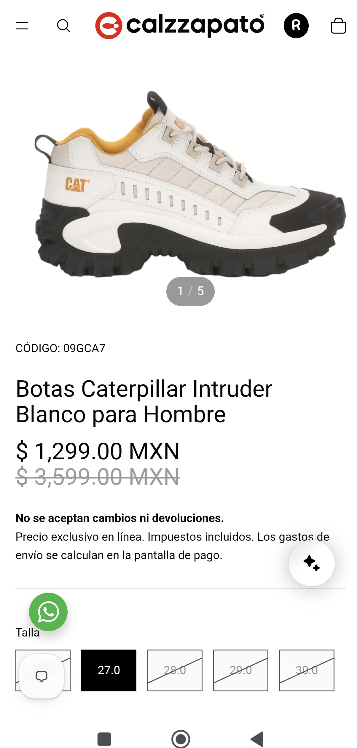 Calzzapato: Botas Caterpillar Intruder Blanco para Hombre 27