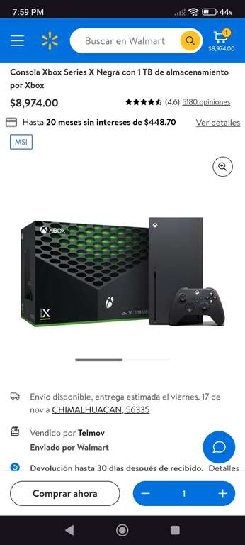 Walmart: Oferta Xbox series X -20% de descuento a 18 msi con TDC