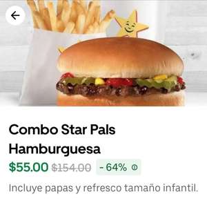Carl's Jr en Uber Eats: Combo Star Pals Hamburguesa (Incluye papas y refresco tamaño infantil, y juguete premio)