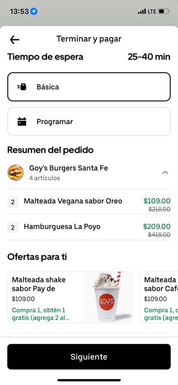Uber eats: Goys burgers Santa Fe | 2 hamburguesas + 2 malteadas por $168