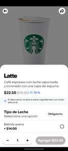 Rappi y Starbucks: Variedad de la lattes con 70% de descuento