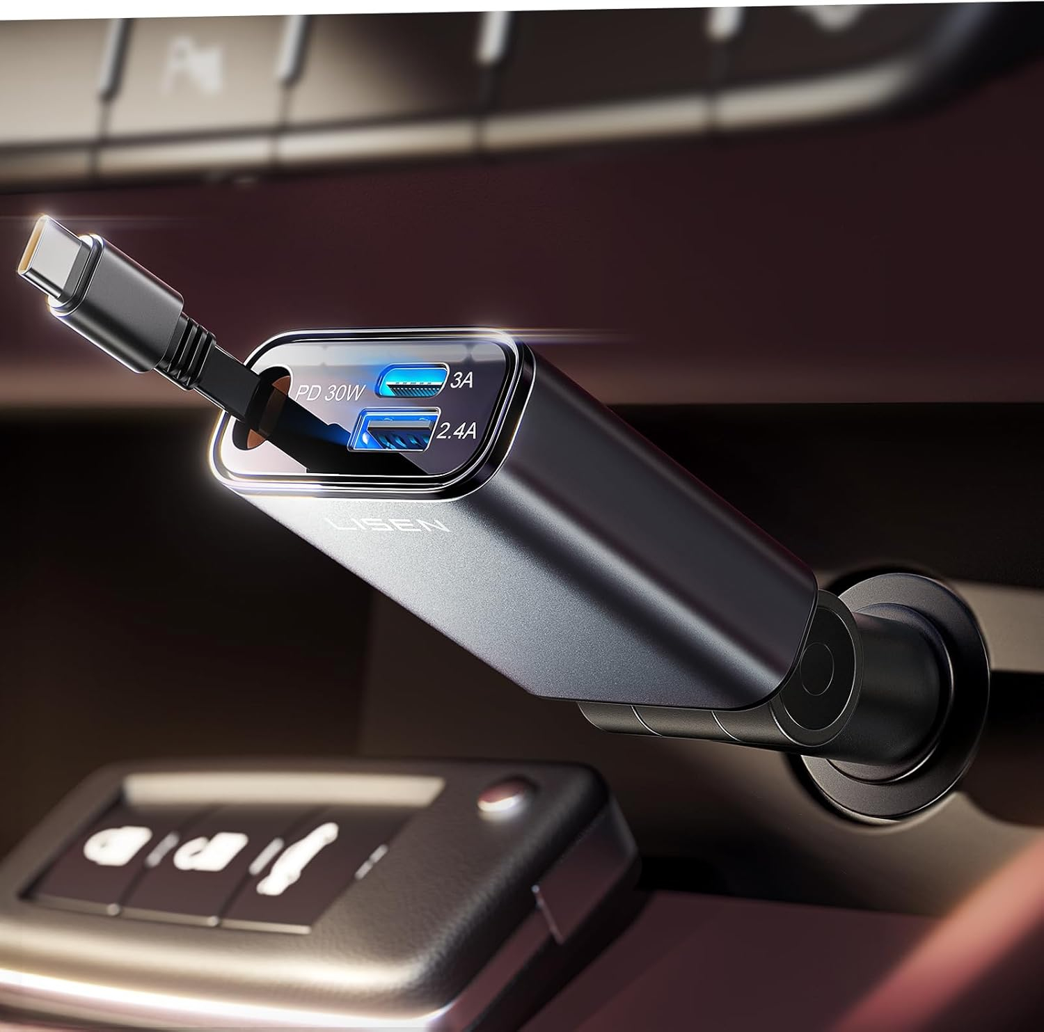 Amazon: LISEN 3 en 1 Mini Cargador para Auto Retráctil 57W con Cable Retráctil USB C, Cargador para Carro Adaptador de Coche Carga Rápida