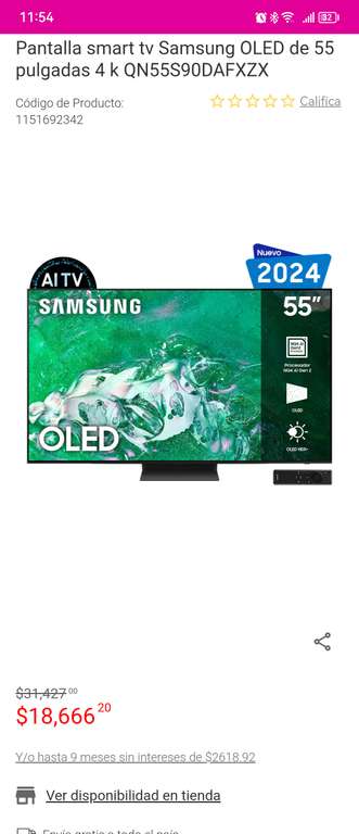 Liverpool: Pantalla smart tv Samsung OLED de 55 pulgadas 4k QN55S90DAFXZX