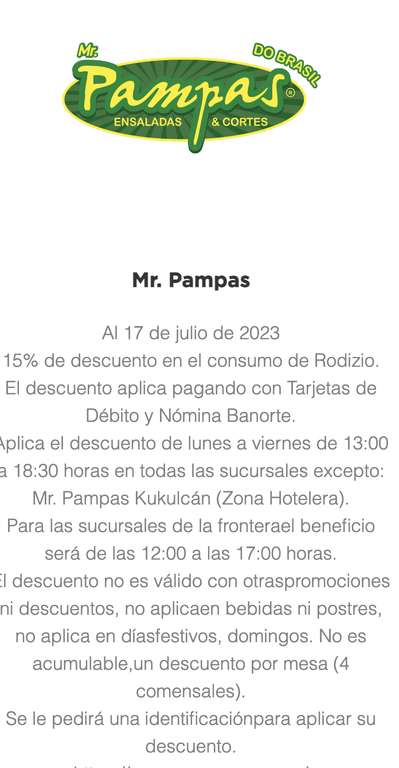 Banorte: Mr. Pampas 15% de descuento con Banorte Debito