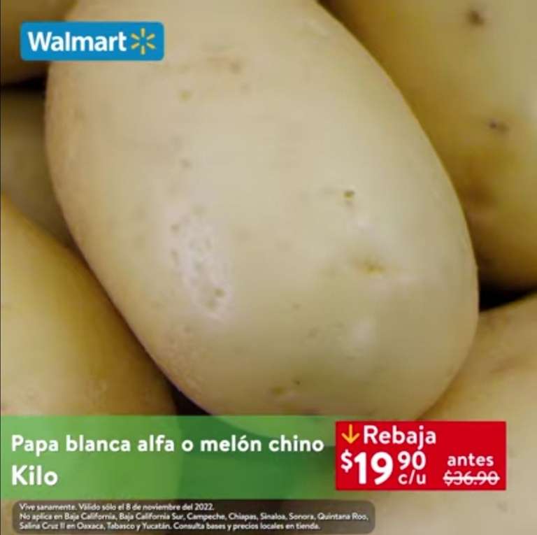 Walmart: Martes de Frescura 8 Noviembre: Piña $16.90 kg • Papa ó Melón $19.90 kg • Perón Golden a Granel $27.90 kg.