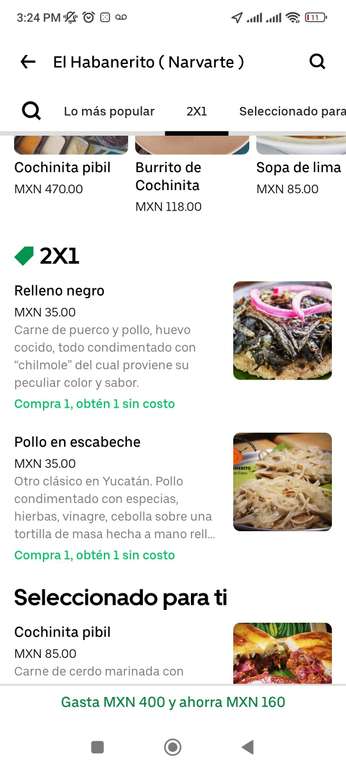 Uber Eats, "El habanero Narvarte": 12 tacos x $50 | 2x1 + $160 OFF en la compra de $400