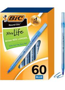 Amazon: BIC GSM609-BE Round Stic Xtra Life Bolígrafo de punta mediana (1.0 mm), azul, 60 unidades.