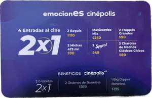 En la compra de un combo recibe gratis Tarjeta EmocionEs Cinépolis 2023 ( PRECIO ESPECIAL EN ALIMENTOS Y ENTRADAS AL 2x1 )