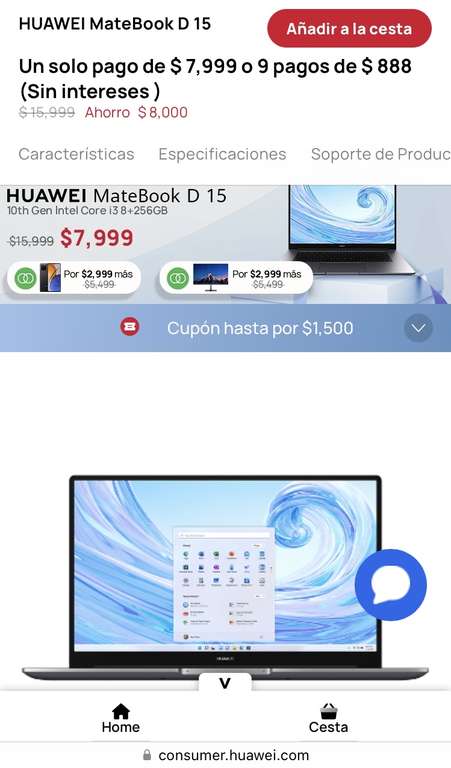 Huawei: MateBook D 15 i3 10th 8GB+256GB | Pagando con MercadoPago