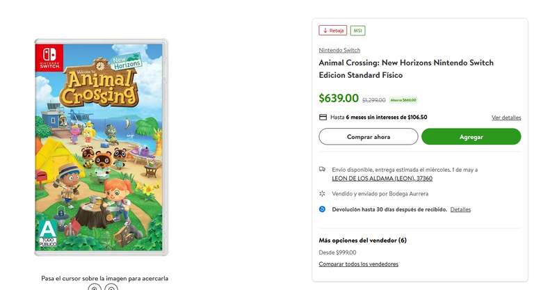 Bodega Aurrera: Animal Crossing Nintendo Switch con el 50% (pa regalo del día del niño)