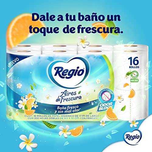 Amazon: Papel higiénico Regio Aires de Frescura 16 rollos, 200 hojas dobles | Planea y Ahorra, envío gratis con Prime