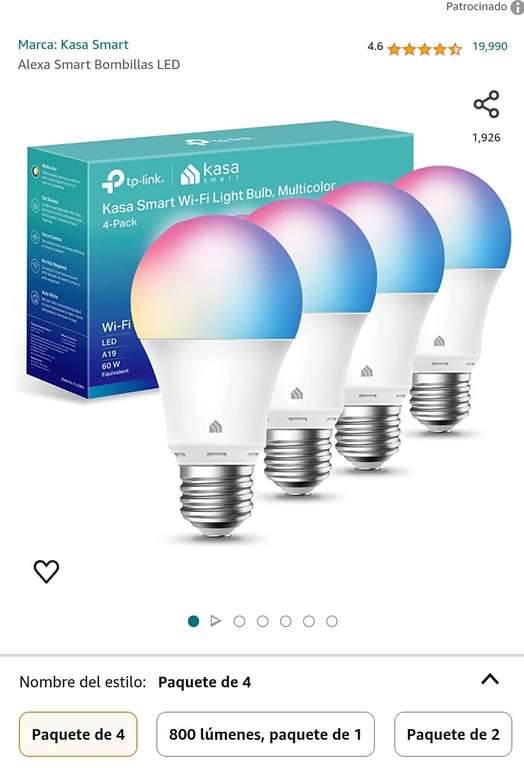 Amazon: Set 4 Focos Inteligentes Multicolor Kasa Smart/Tp Link Envío Gratis