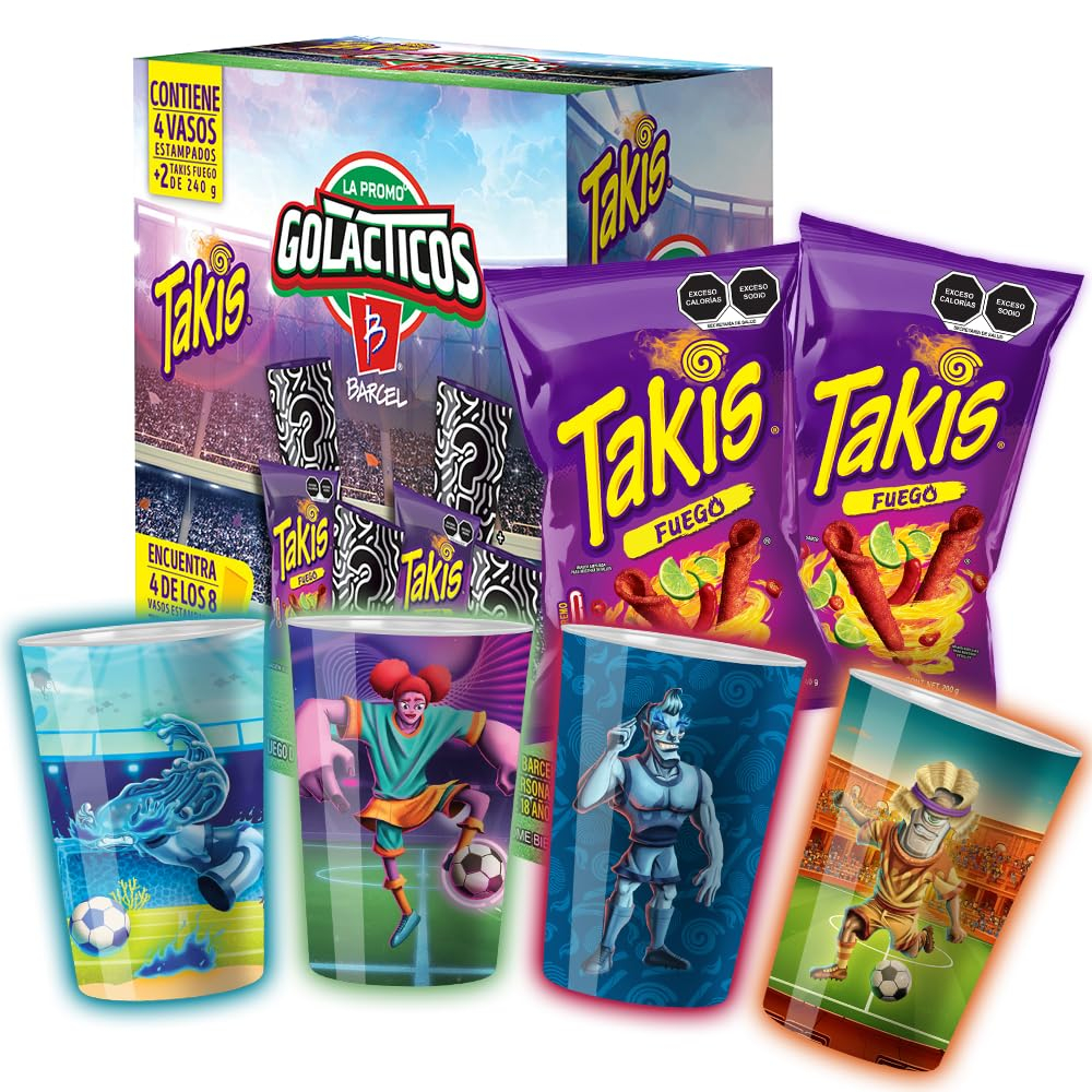 Amazon: Caja de Takis que incluye 2 piezas de Takis 240g + 4 vasos de plasticos de figuras