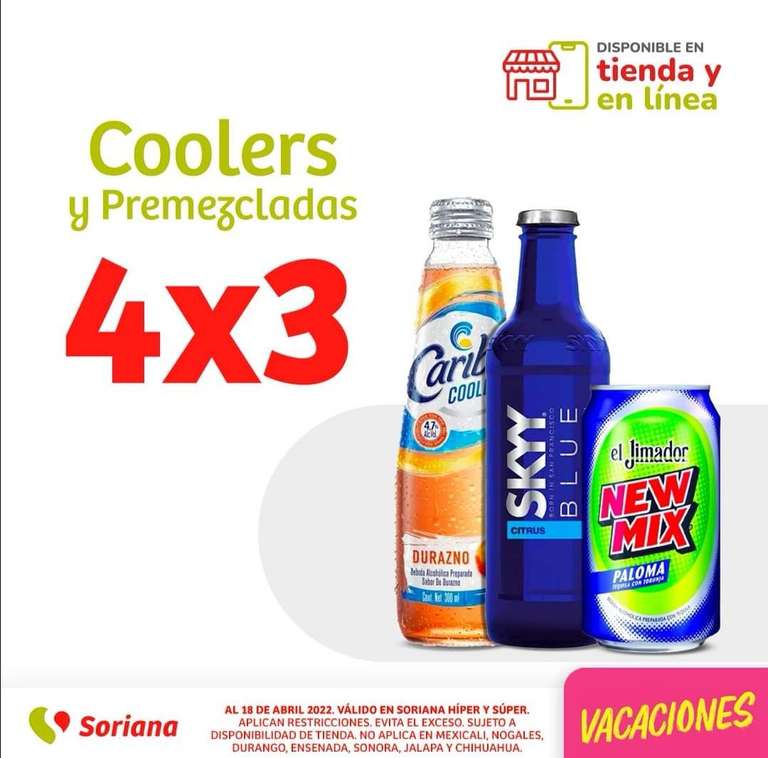 Soriana Híper y Súper: 4 x 3 en coolers y premezcladas