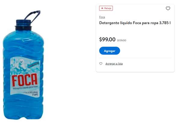 Walmart Super: Detergente Foca líquido  L a $99 