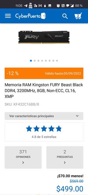 CyberPuerta Memoria RAM Kingston FURY Beast Black DDR4, 3200MHz, 8GB, Non-ECC, CL16, XMP