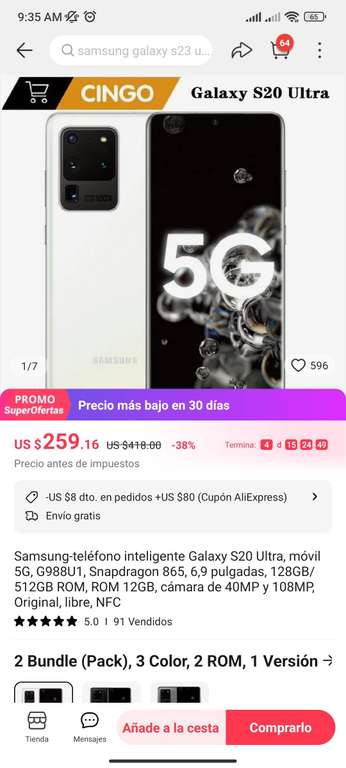 AliExpress: Samsung S20 Ultra + cupón en 3762 pagando en Dólares