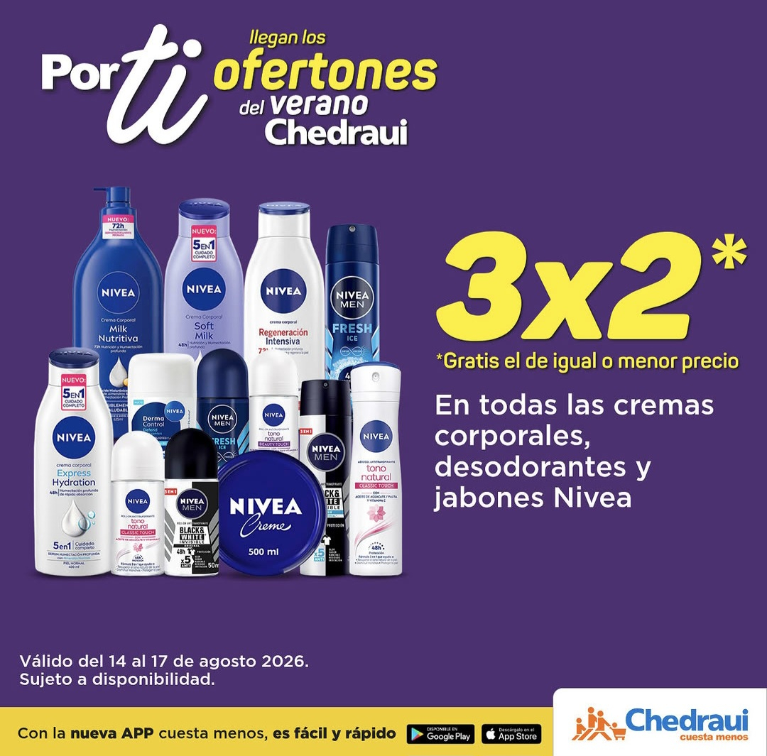 Chedraui - 3x2 en todas las cremas corporales, desodorantes y jabones Nivea