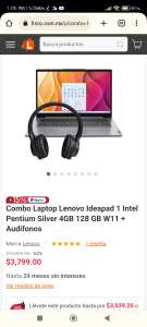 Linio: Combo Laptop Lenovo Ideapad 1 Intel Pentium Silver 4GB 128 GB W11 + Audifonos | pagando con PayPal