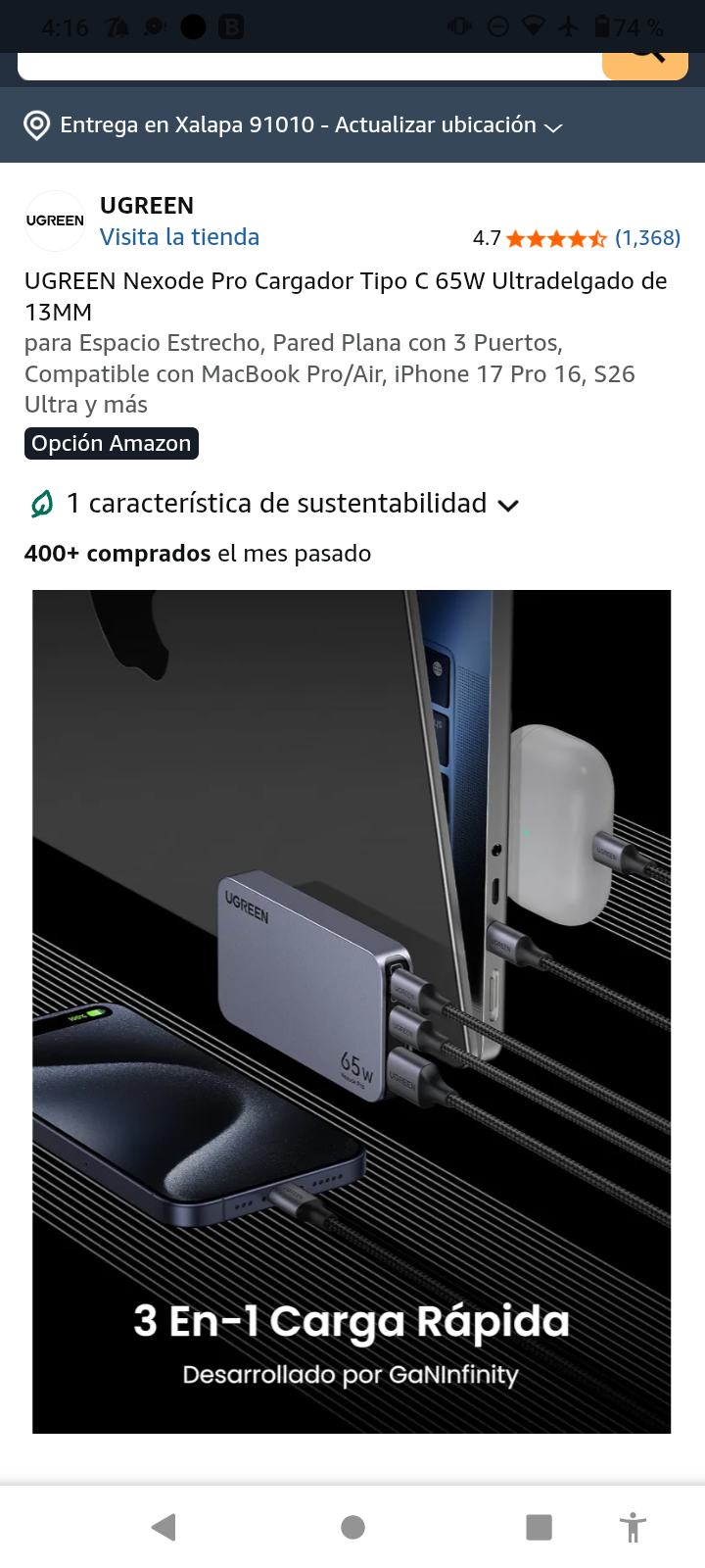 Amazon: UGREEN Nexode Pro Cargador Tipo C 65W Compatible con MacBook Pro/Air, iPhone 17 ProUltradelgado de 13MM