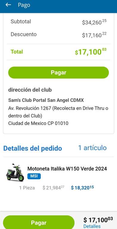 Sam's Club: Motoneta Italika W150 Verde 2024
