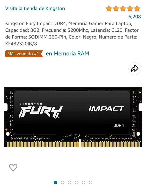 Amazon: Memoria RAM 8 GB Kingstone Fury (para laptop)